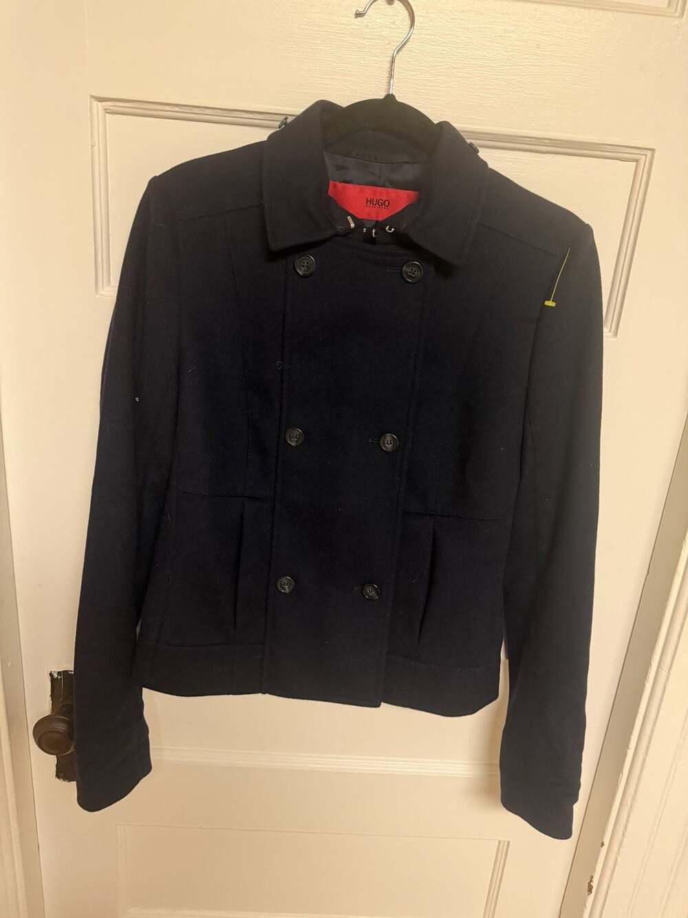 Hugo Boss Women's Navy Blue Double Breasted Cropped Pea Coat Jacket